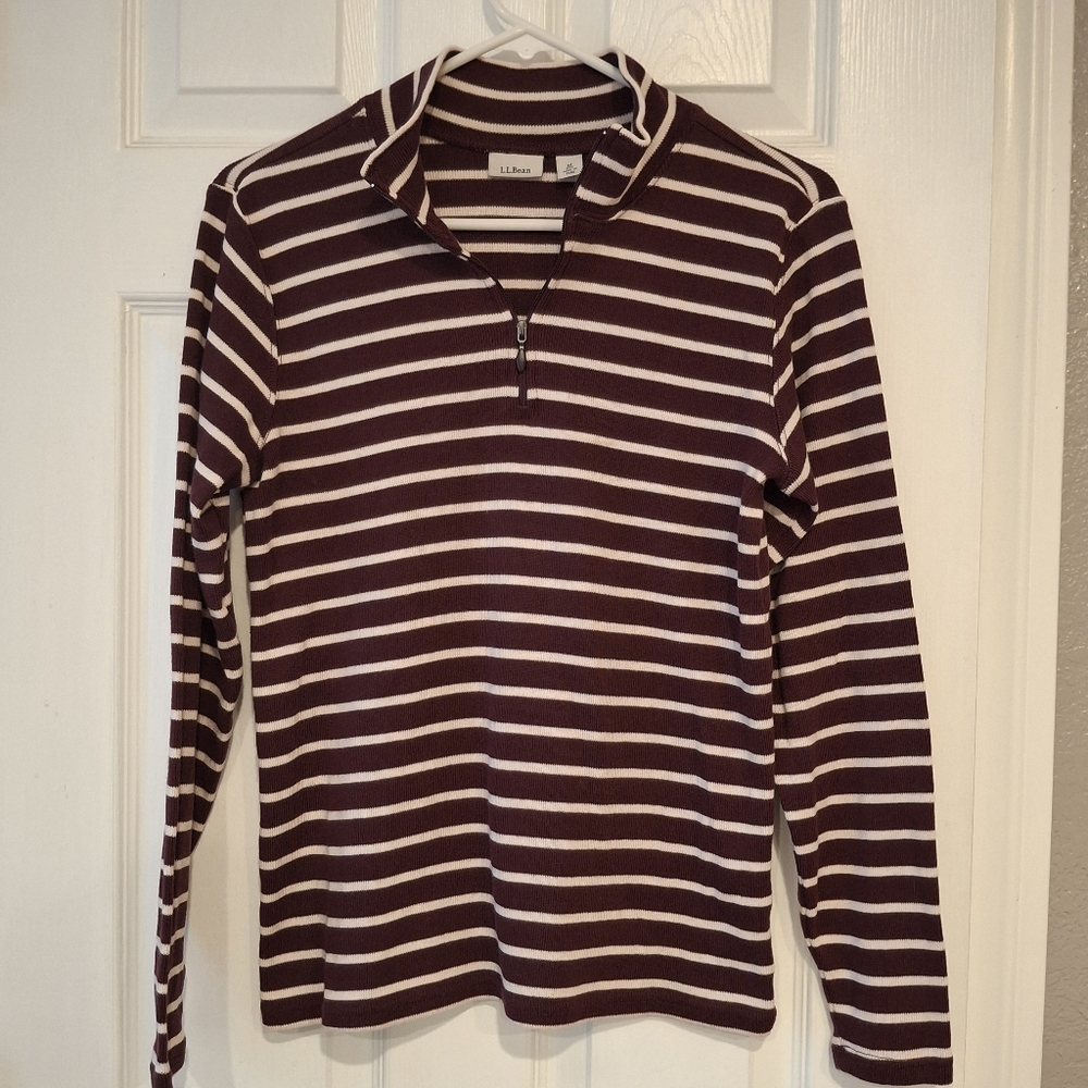 LL Bean Pullover Womens Sweater 100% Soft Cotton Striped Quarter 1/4 Zip Sz M
